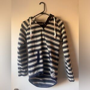 Eddie Bauer Women’s Small Pullover Striped Hoody with Button V-Neck Navy Blue